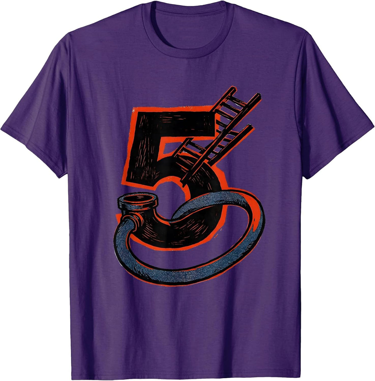 Five Fire Truck Linocut Toddler Firefighter Birthday T-Shirt - Purple