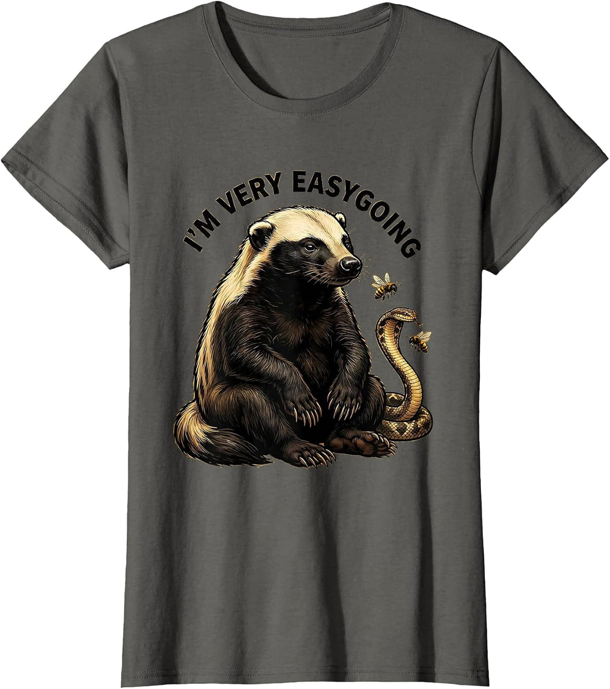 Women's I'm Very Easygoing Cartoon Honey Badger Fearless Animal T-Shirt - Asphalt Grey