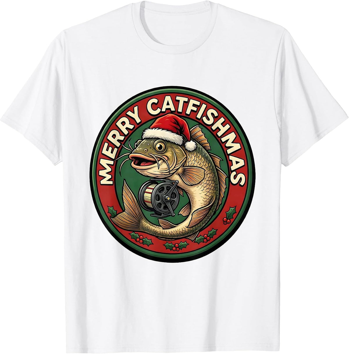 Men's Merry Catfishmas Funny Fishing Christmas Ugly Sweater Dad T-Shirt - White