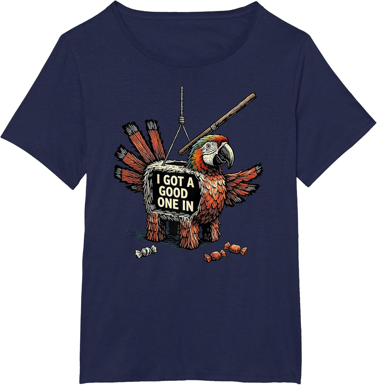 Women's I Got A Good One In Linocut Parrot Piñata Cinco De Mayo T-Shirt - Navy Blue