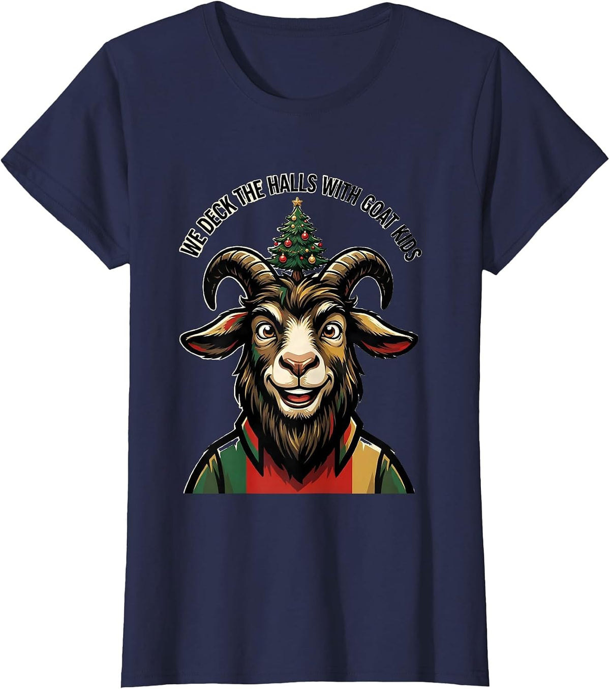 Women's We Deck the Halls With Goat Kids Funny Goat Lover Christmas T-Shirt - Navy Blue