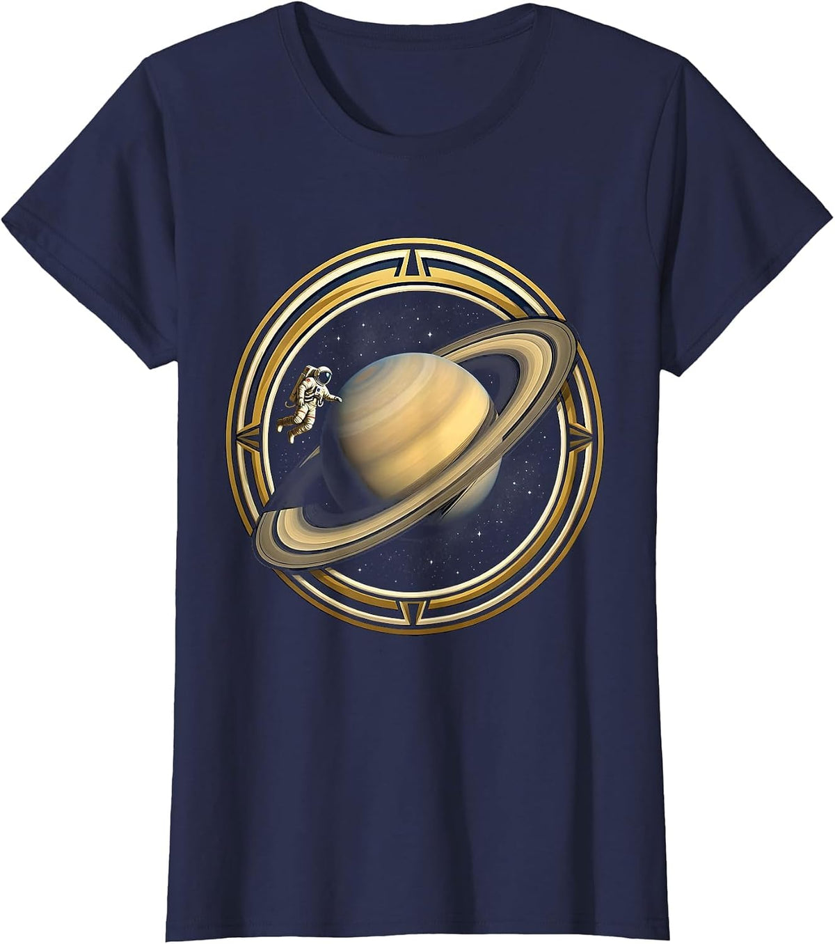Women's Astronaut Silhouette Orbiting Ringed Planet T-Shirt - Navy Blue