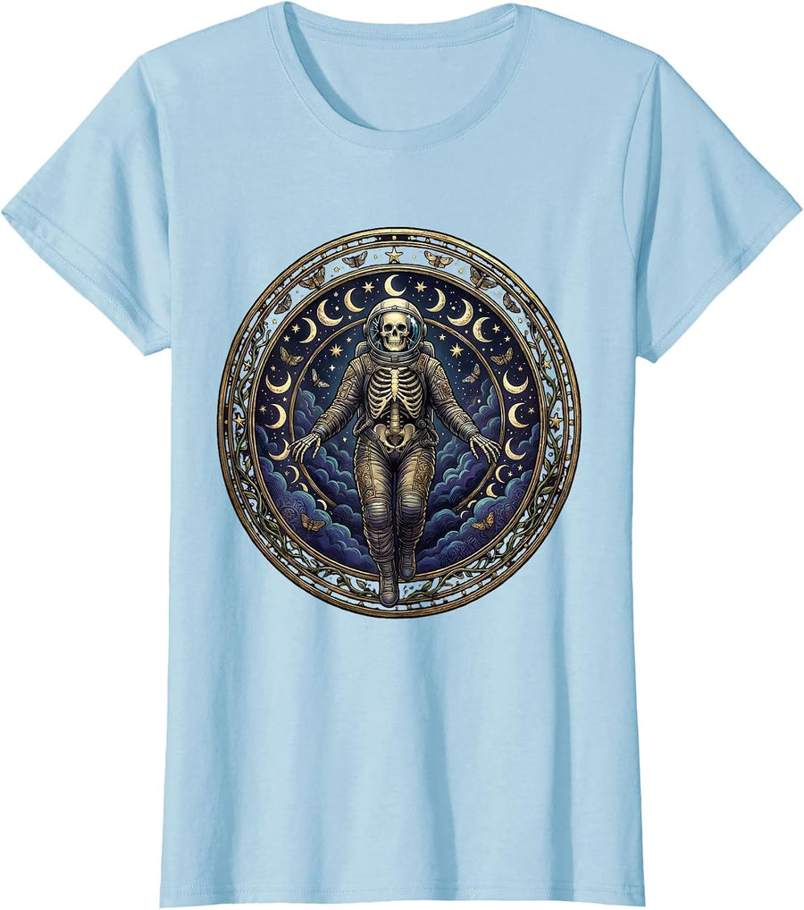 Women's Skeleton Astronaut Floating in Space Illustration T-Shirt - Baby Blue