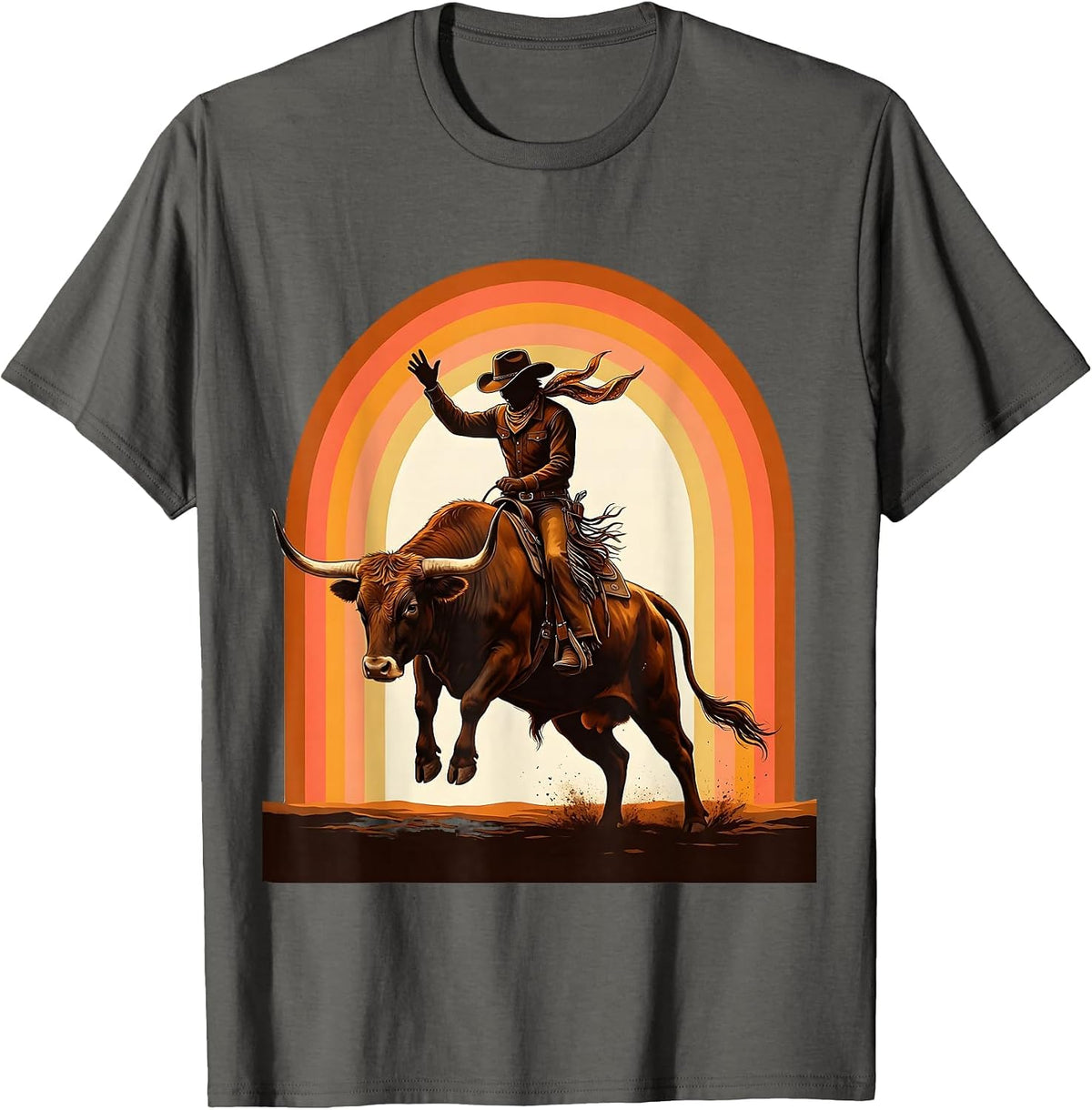 Cowgirl Bandana Longhorn Bull Riding Illustration T-Shirt - Asphalt Grey