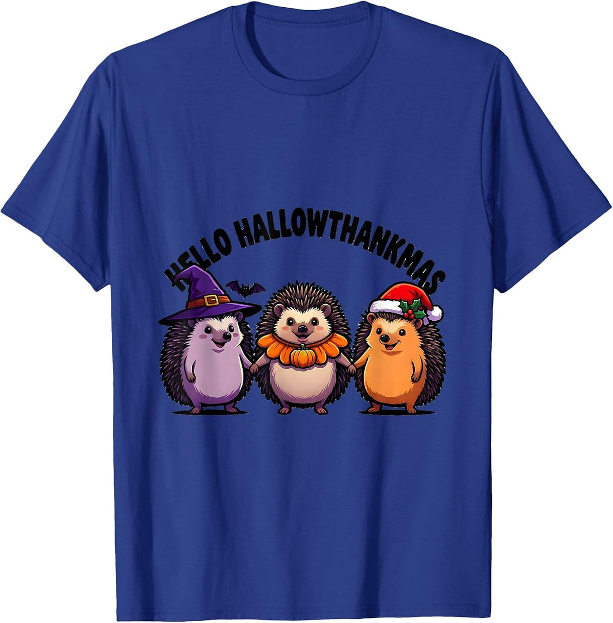 Hello HallowThankmas Cartoon Holiday Mashup Halloween T-Shirt - Royal Blue