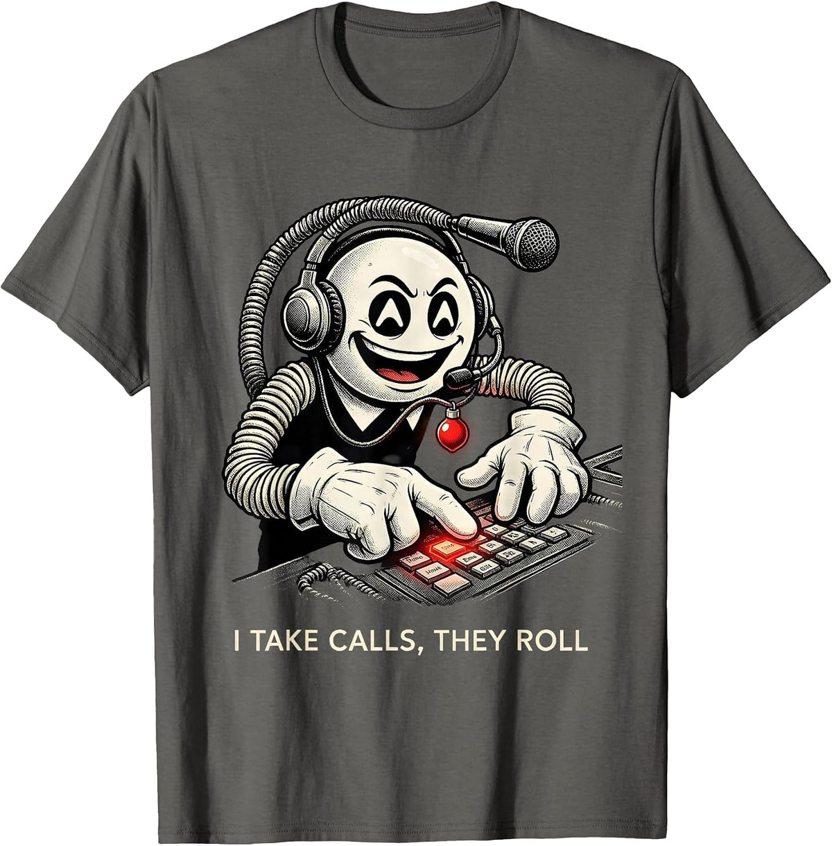 Men's I Take Calls, They Roll Retro Cartoon 911 Dispatcher T-Shirt - Asphalt Grey