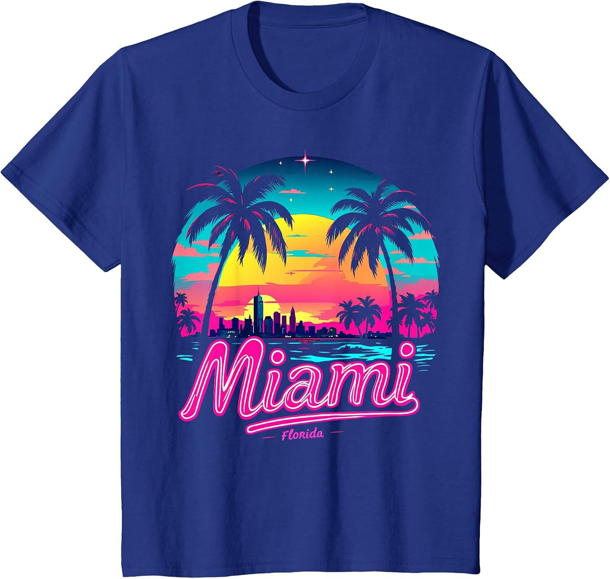 Vintage Miami Beach – Retro 305 Florida Sunset Graphic T-Shirt - Royal Blue