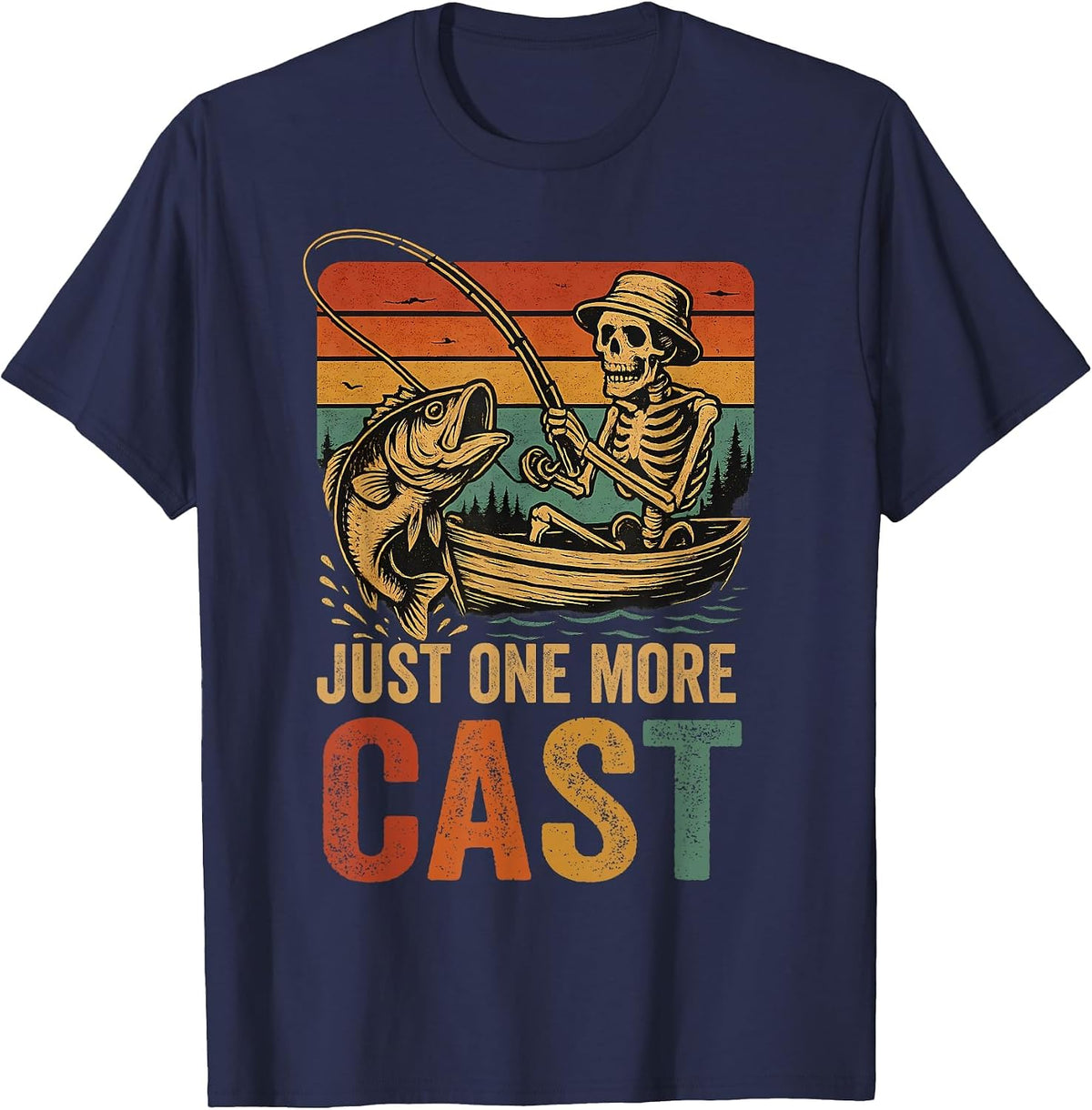 Funny Retro Fishing Skeleton Fish Fisherman Bass Fishing T-Shirt - Navy Blue