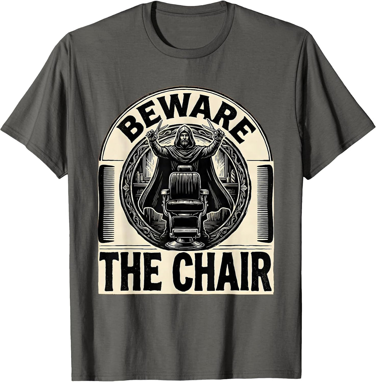 Men's Beware The Chair Linocut Barber Humor Hairdresser Gift T-Shirt - Asphalt Grey