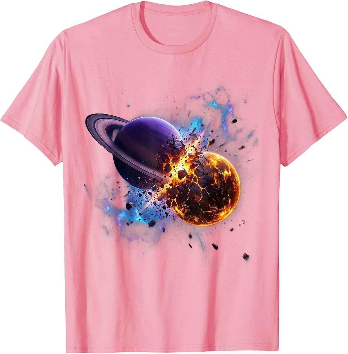 Men's Two Planets Colliding in Deep Space Illustration T-Shirt - Pink