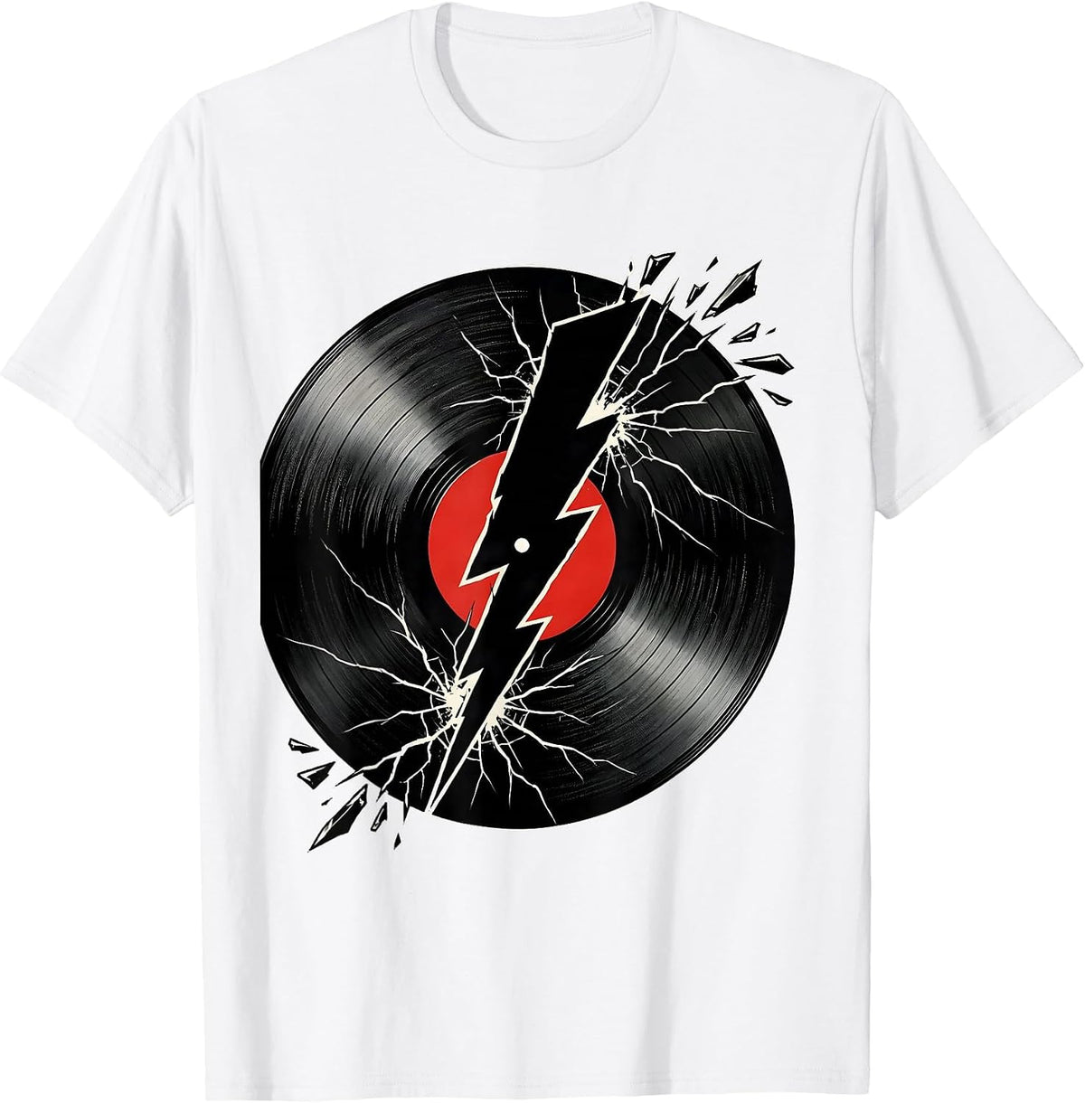 Men's Cracked Vinyl Record Lightning Bolt Rock Music T-Shirt - White
