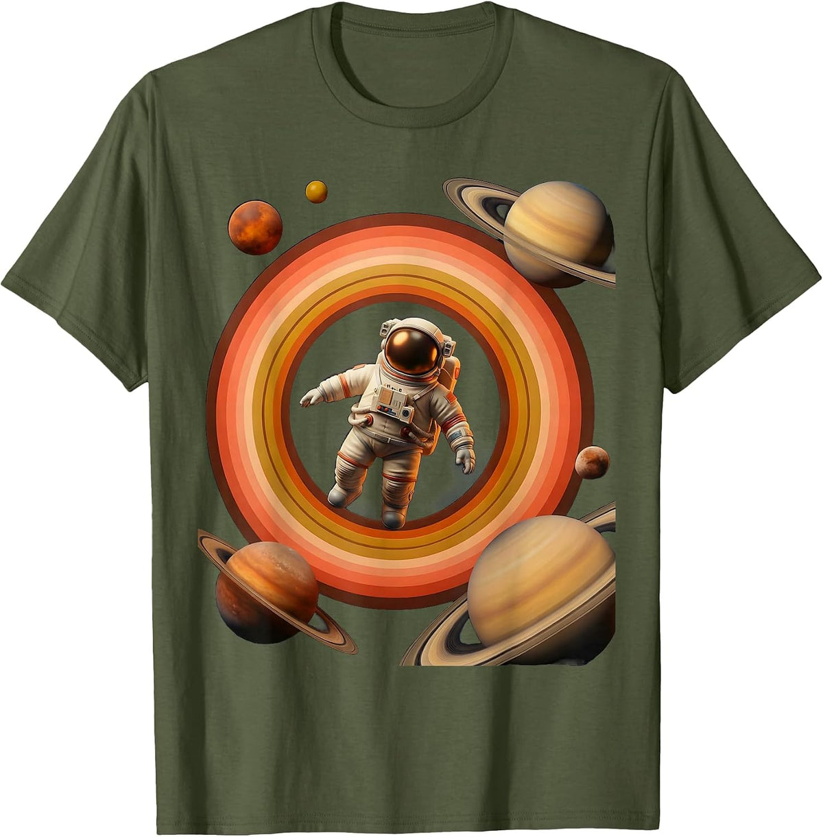 Astronaut Floating Free in Deep Space Design T-Shirt - Olive Green
