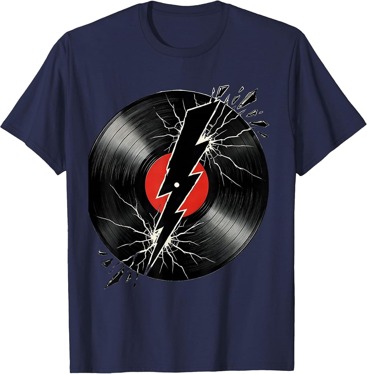 Men's Cracked Vinyl Record Lightning Bolt Rock Music T-Shirt - Navy Blue