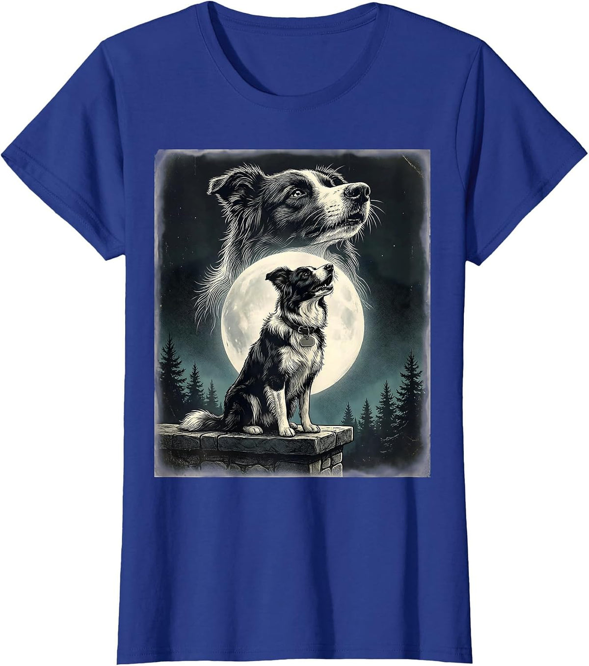 Women's Border Collie Howling to the Moon Vintage Dog Art T-Shirt - Royal Blue