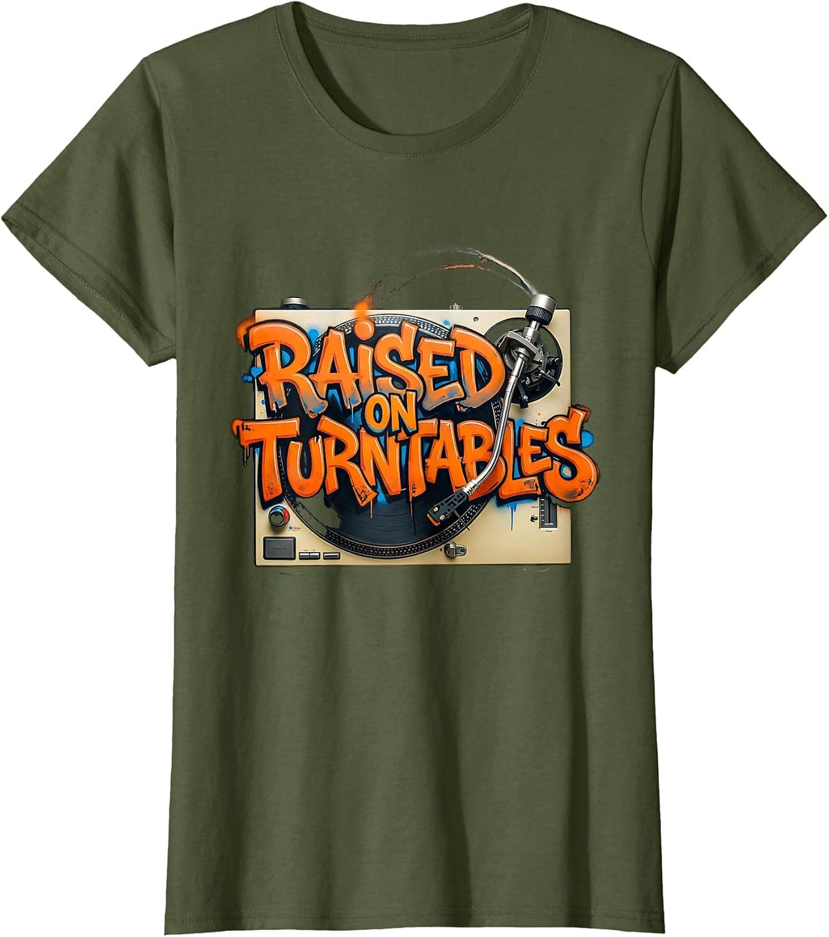 Women's Raised On Turntables Graffiti 90s Hip-Hop Rap Lyric T-Shirt - Olive Green