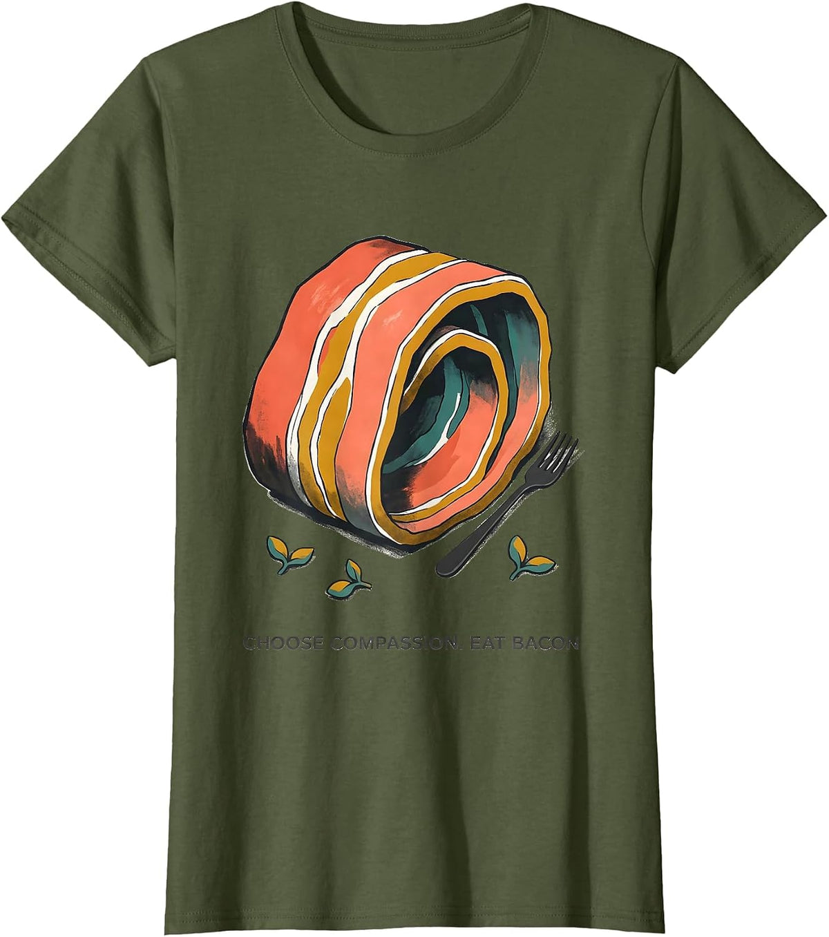 Women's Choose Compassion Eat Bacon Midcentury Modern Carnivore Diet T-Shirt - Olive Green