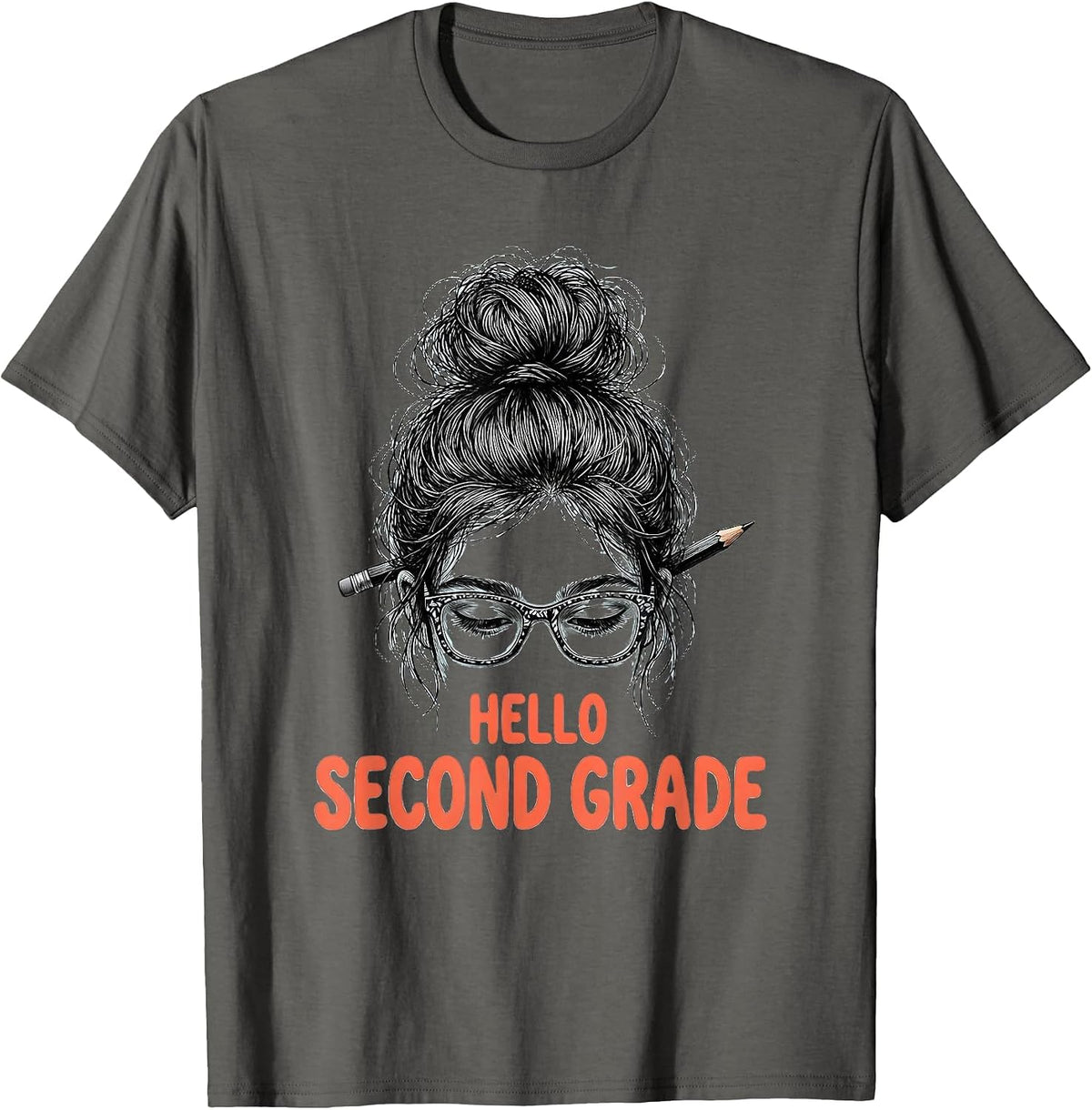 Hello Second Grade Back To School Messy Bun Funny Girls T-Shirt - Asphalt Grey