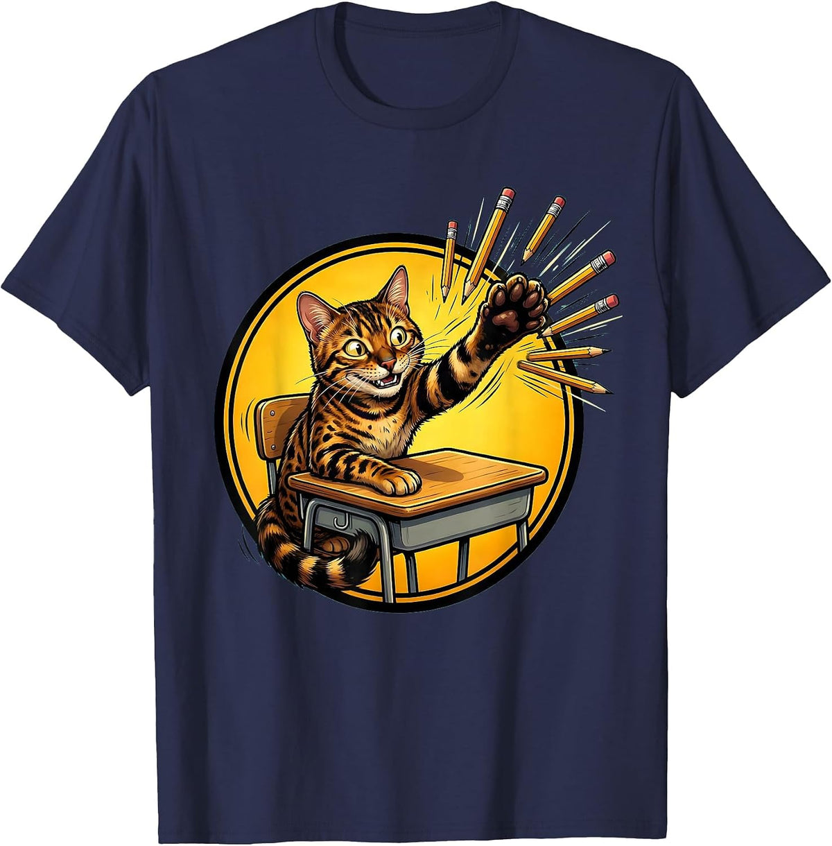 Bengal Cat Back to School Pencil Chaos Design T-Shirt - Navy Blue