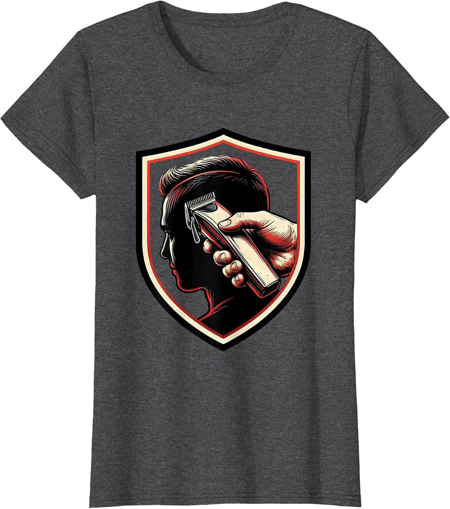 Women's Barber Shield Badge Vintage Sign Painter Humor T-Shirt - Dark Heather Grey