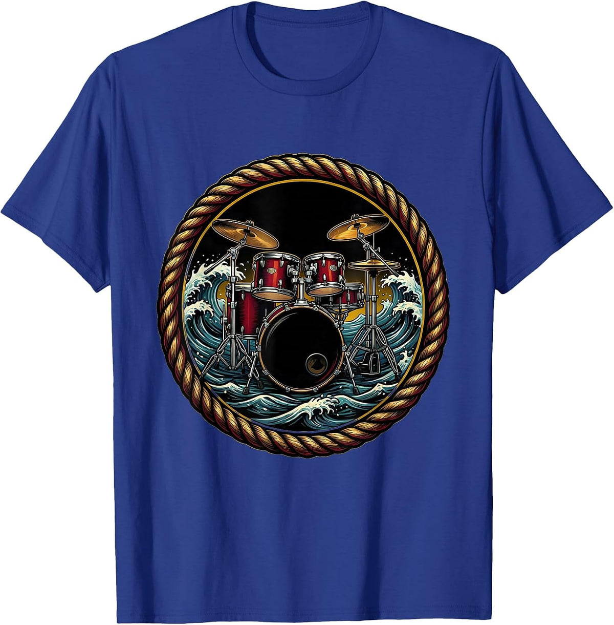 Drum Kit Crashing Waves Classic Rock Illustration T-Shirt - Royal Blue