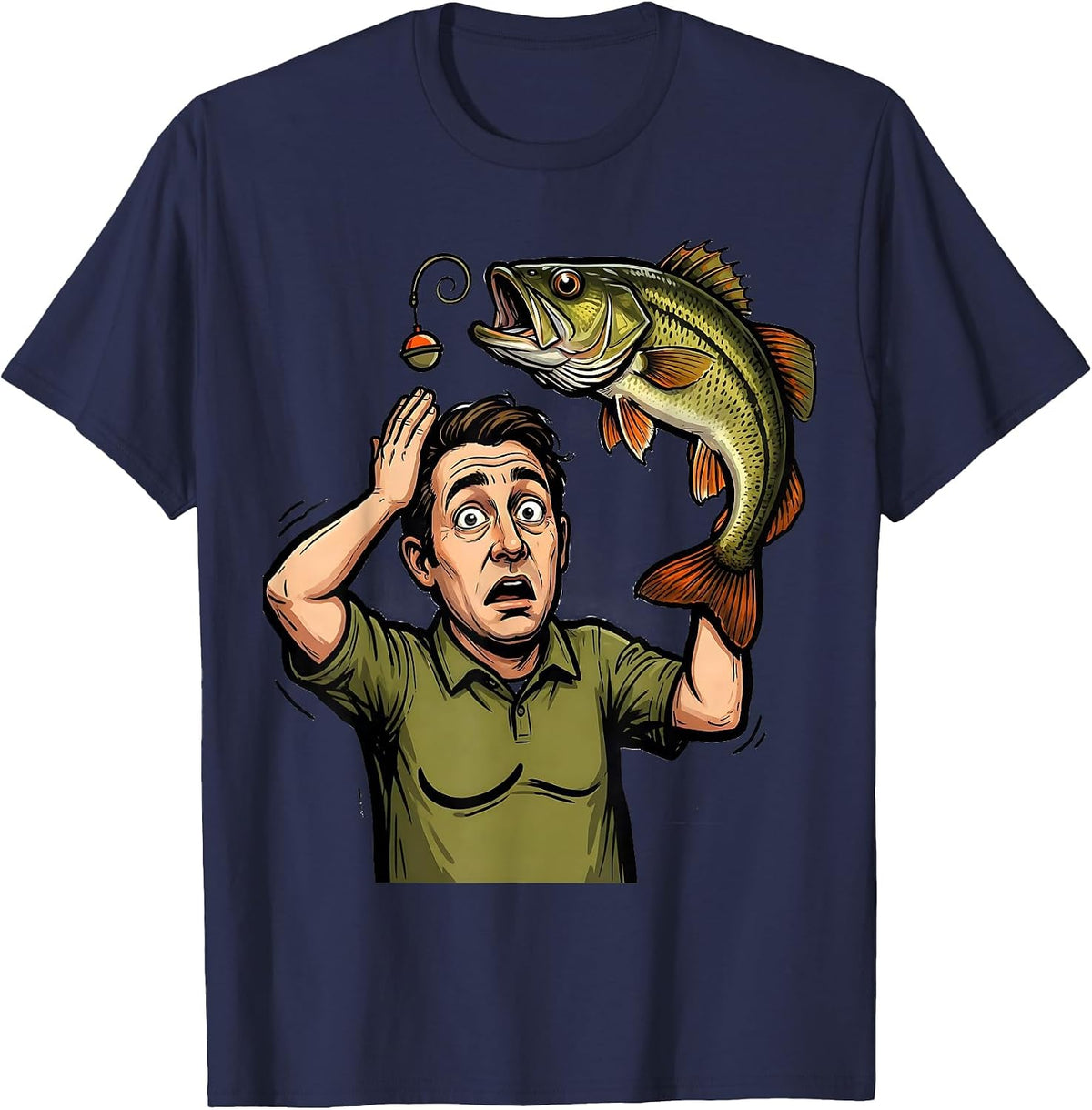 Men's Angler Shrugs Bass Question Mark Funny Fishing Humor T-Shirt - Navy Blue