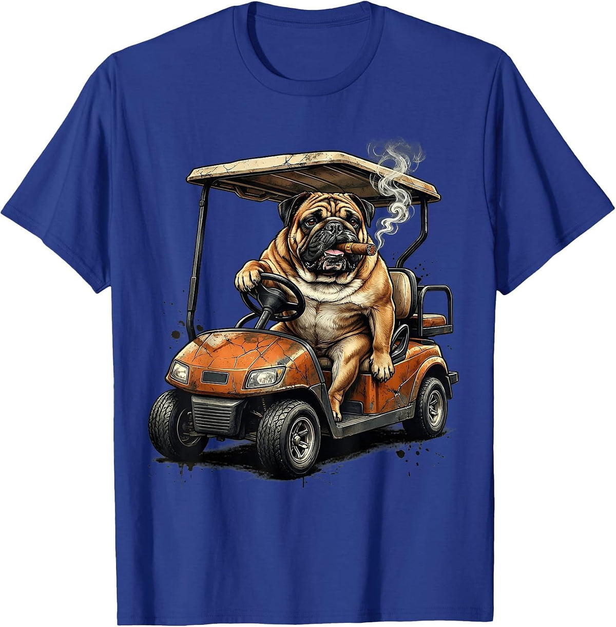 Cigar Bulldog Golf Cart Funny Golf Illustration T-Shirt - Royal Blue