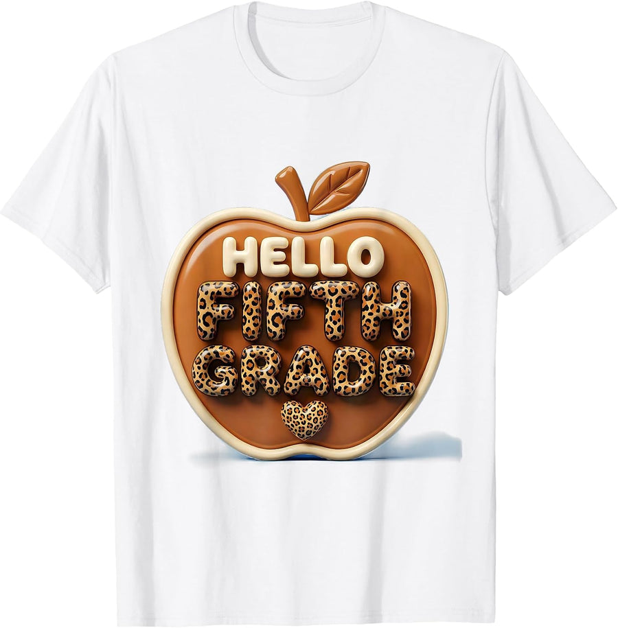 Hello Fifth Grade Cute Leopard Kawaii Back To School Teacher T-Shirt - White