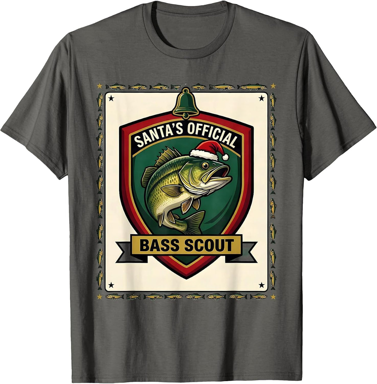 Santa's Official Bass Scout Funny Fishing Christmas Ugly T-Shirt - Asphalt Grey