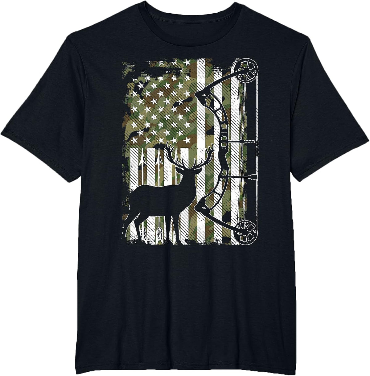 Bow Hunting Deer Hunter Camo American Flag for Men Hunter T-Shirt - Black