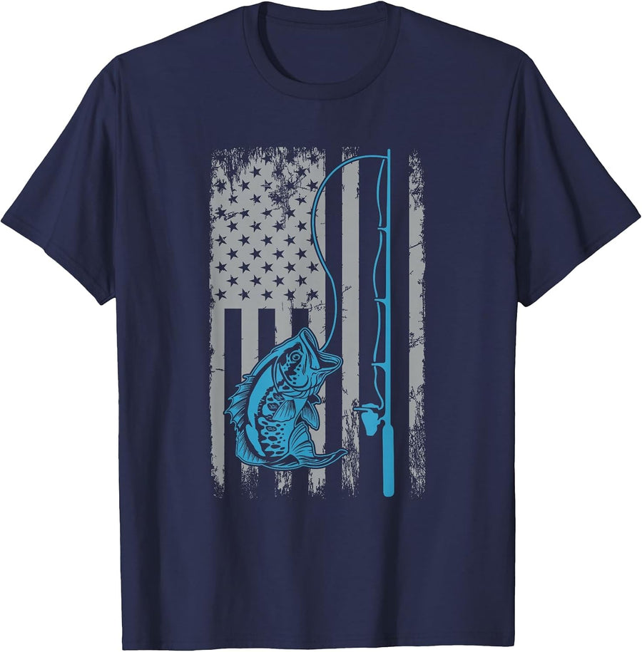 American Flag Fishing Rod Bass Fishing Vintage Fisherman T-Shirt - Navy Blue
