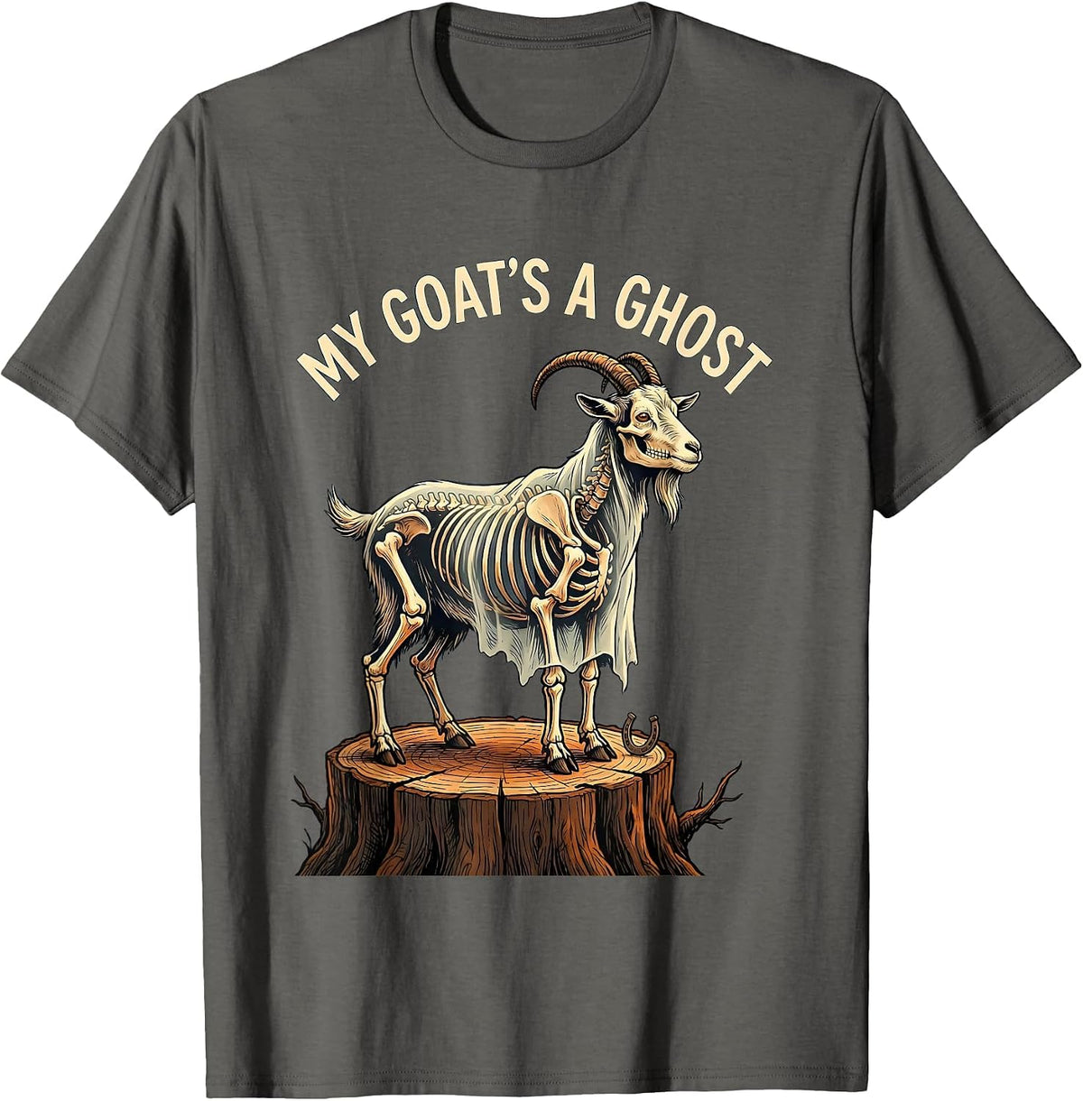 My Goat's a Ghost Funny Halloween Western Skeleton Goat T-Shirt - Asphalt Grey