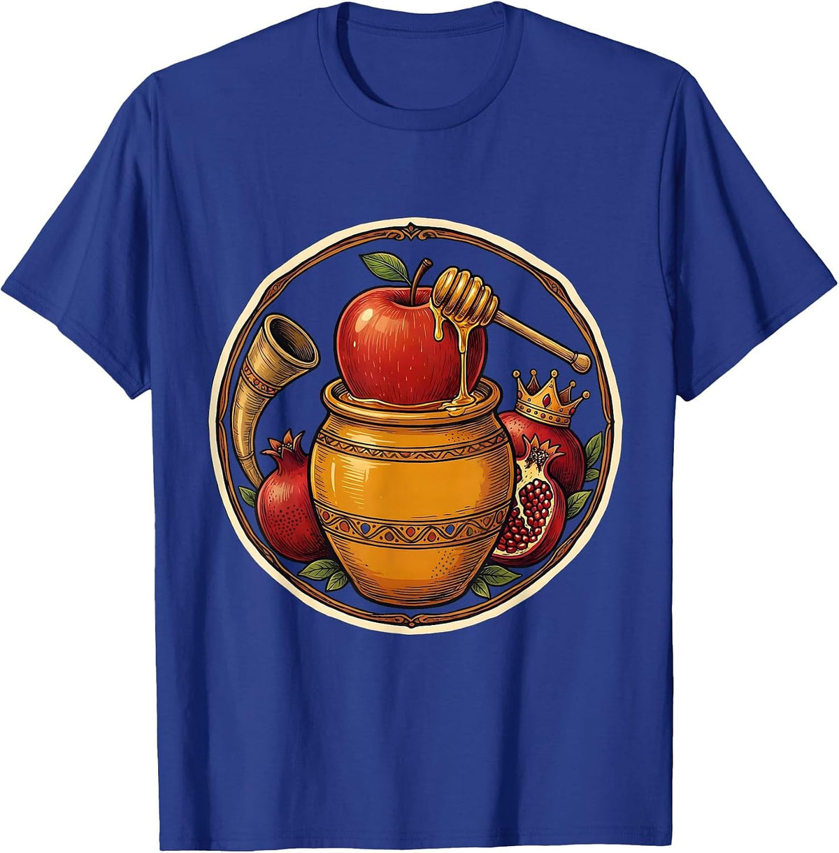 Circular Folk Apple Honey Shofar Rosh Hashanah Jewish T-Shirt - Royal Blue