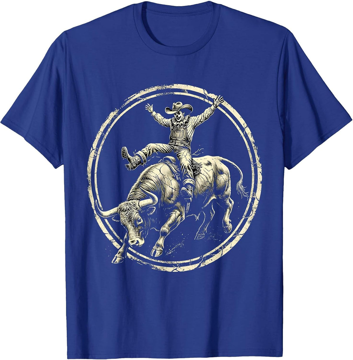 Rodeo Clown Dodging Charging Bull Graphic T-Shirt - Royal Blue