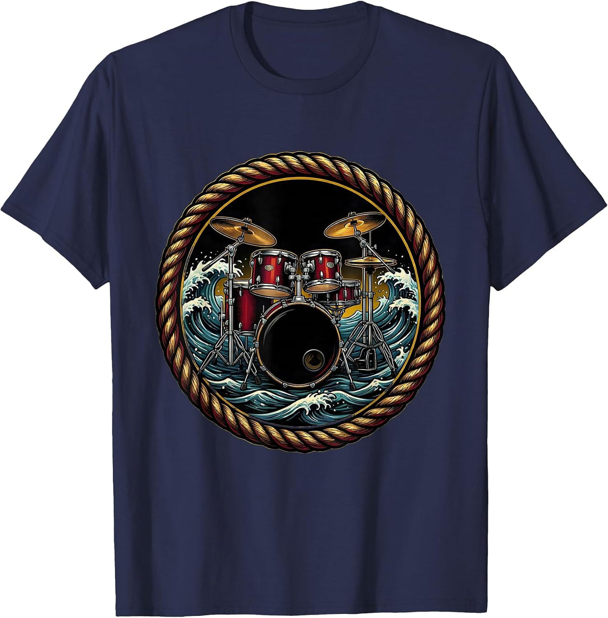 Drum Kit Crashing Waves Classic Rock Illustration T-Shirt - Navy Blue