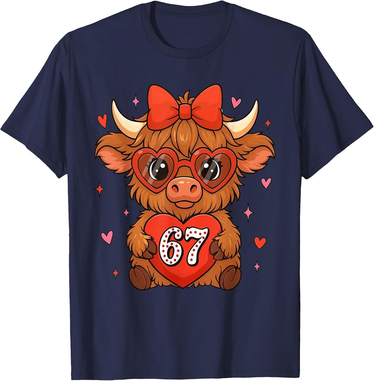 67 Meme Six Seven Cute Valentine Highland Cow Coquette Women T-Shirt - Navy Blue