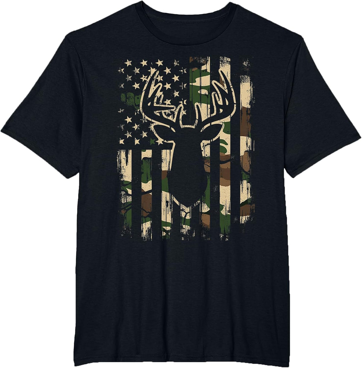 Deer Hunting Camo American Flag Outdoor T-Shirt - Black