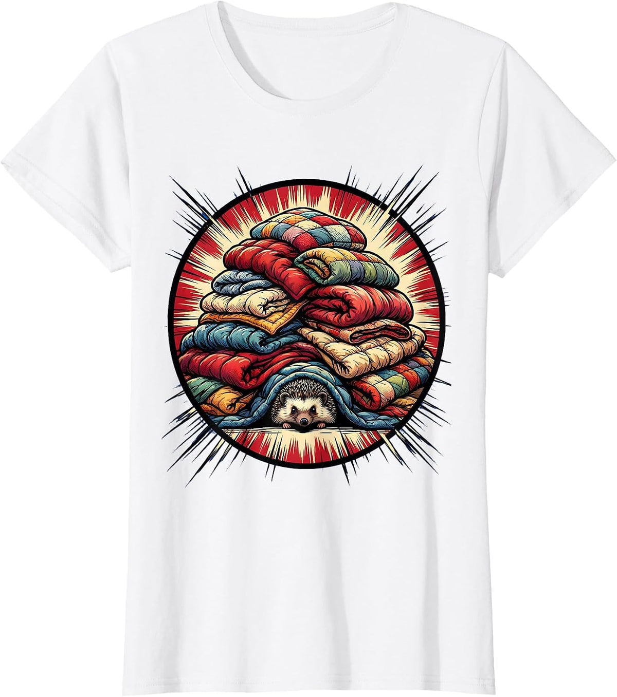 Women's Cozy Hedgehog Hiding Under Blanket Pile T-Shirt - White