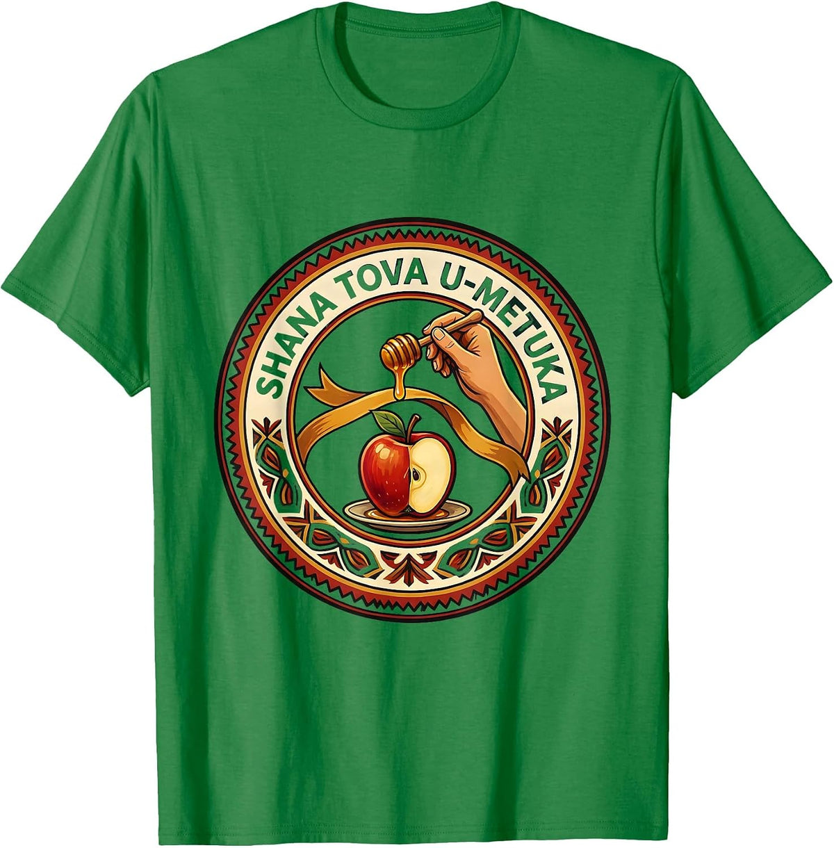 Men's Shana Tova U'Metuka Folk Art Rosh Hashanah Jewish New Year T-Shirt - Kelly Green