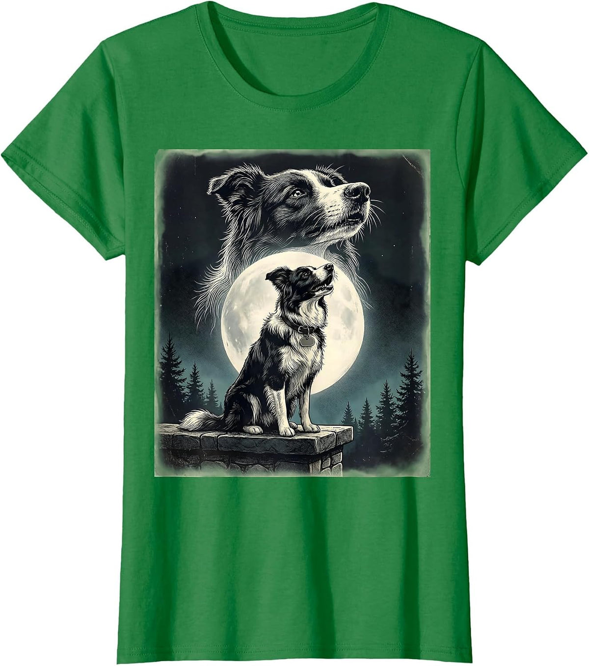 Women's Border Collie Howling to the Moon Vintage Dog Art T-Shirt - Kelly Green