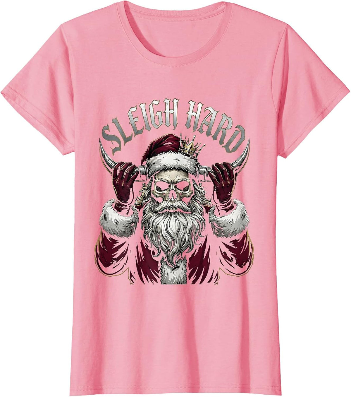 Women's Sleigh Hard Gothic Heavy Metal Santa Claus Christmas Humor T-Shirt - Pink