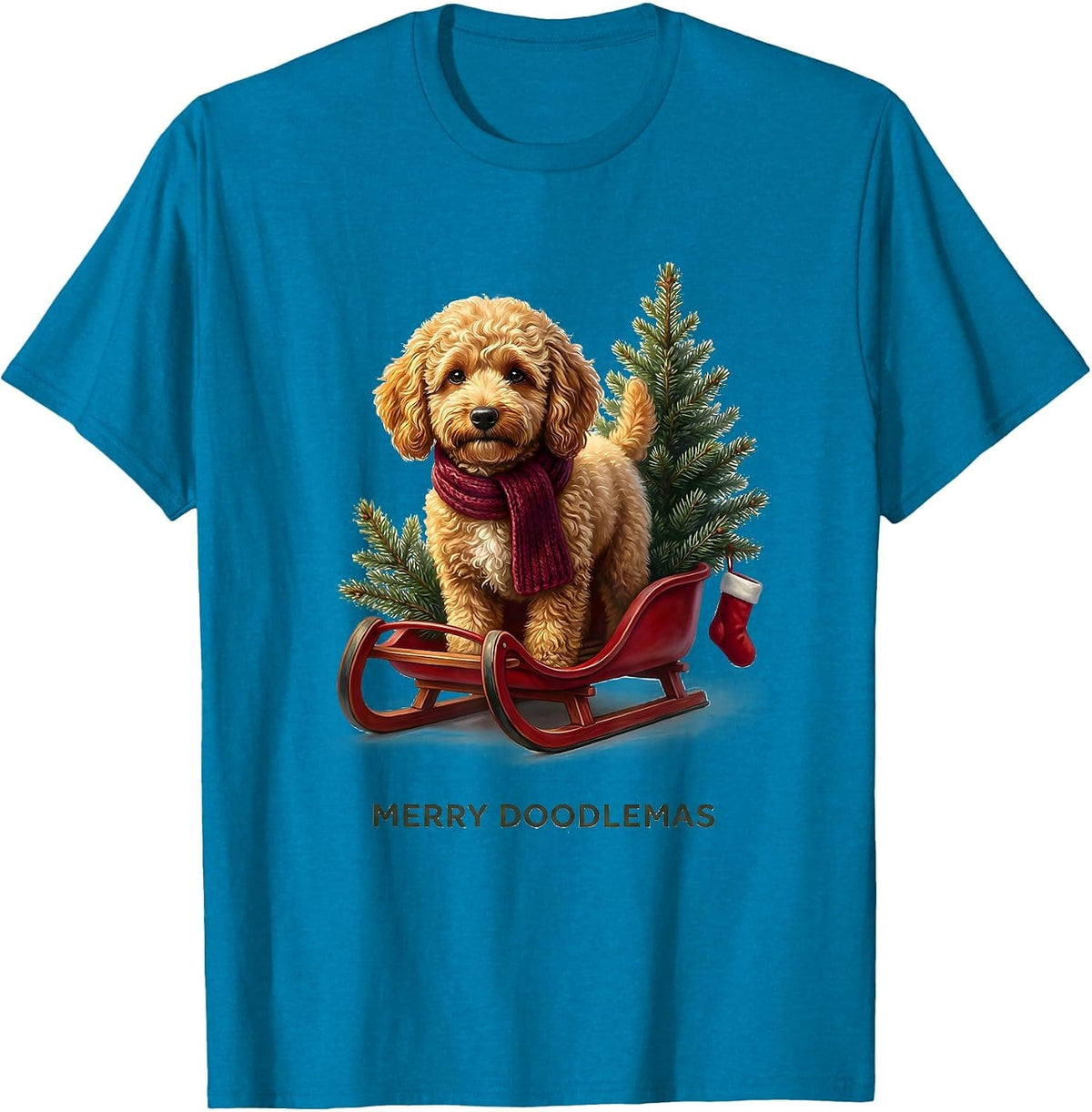Merry Doodlemas Fluffy Goldendoodle Holiday Pajama Gift T-Shirt - Sapphire Blue