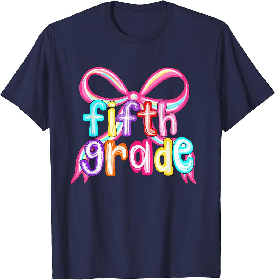 Preppy Back to School 5th Grade Coquette Bow Girls Kids T-Shirt - Navy Blue