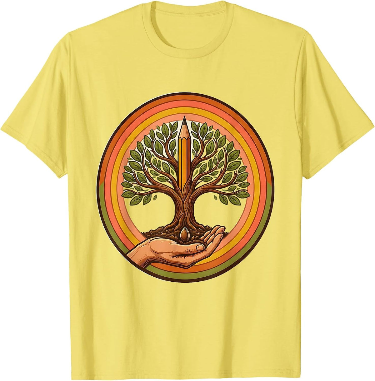 Men's 4th Grade Teacher Hand Planting Pencil Tree T-Shirt - Lemon Yellow