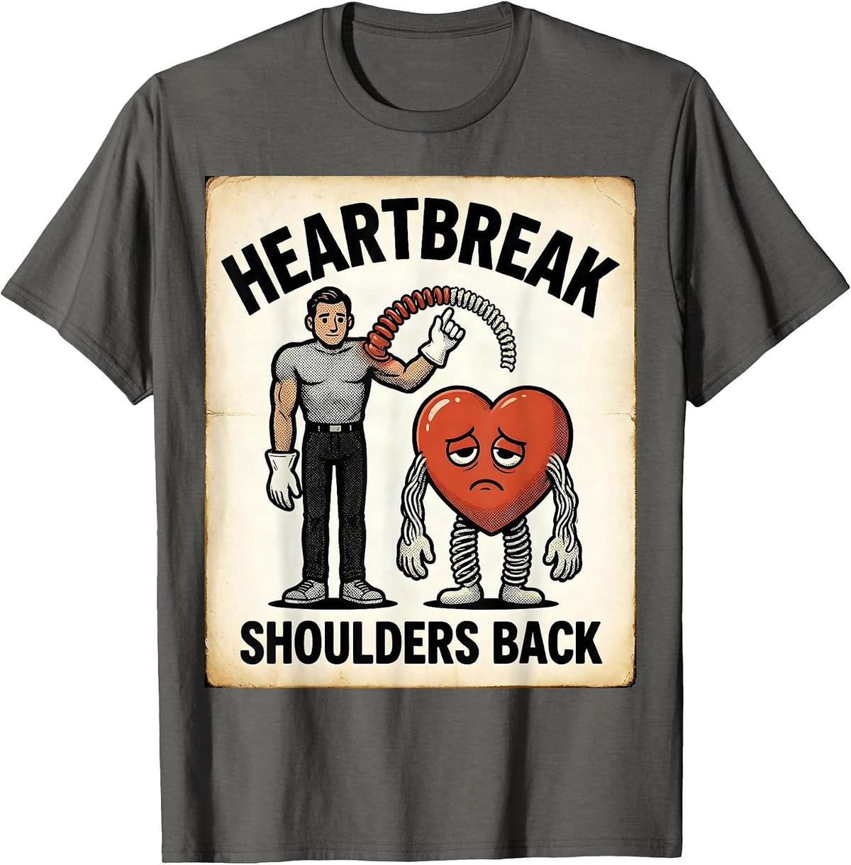 Men's Heartbreak Shoulders Back Retro Cartoon Physical Therapist T-Shirt - Asphalt Grey