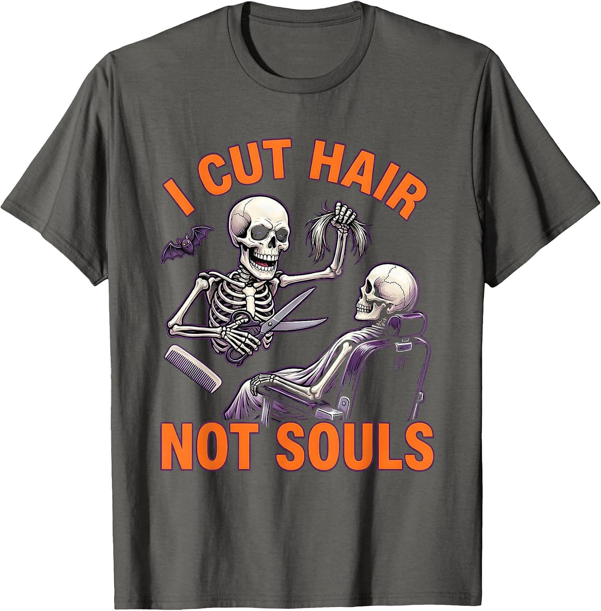 I Cut Hair, Not Souls Cartoon Skeleton Hairstylist Halloween T-Shirt - Asphalt Grey