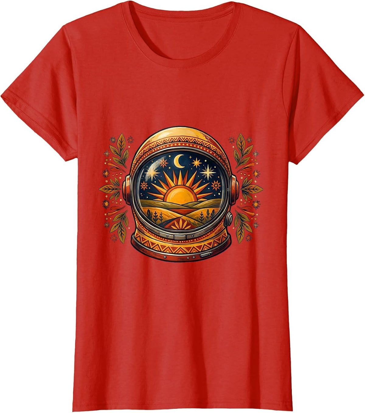 Women's Retro Space Helmet Vintage Illustration Design T-Shirt - Red