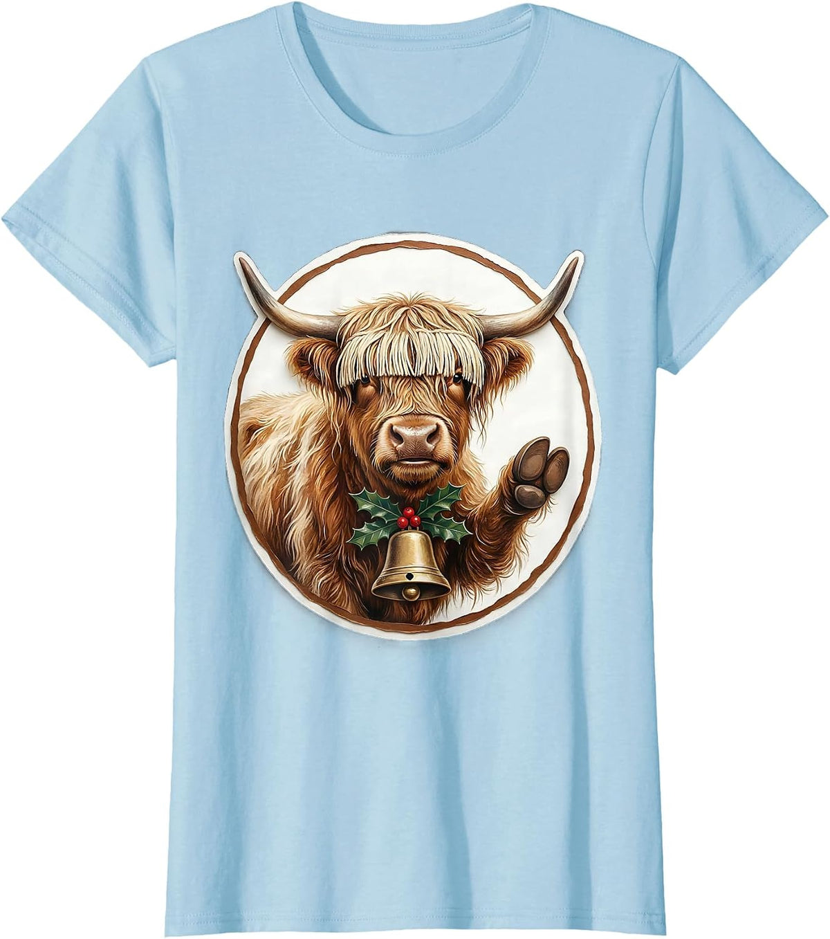 Women's Highland Cow Holiday Storybook Farm Animal Lover T-Shirt - Baby Blue
