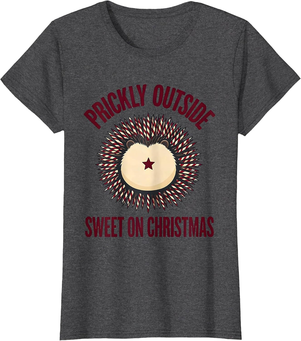 Women's Prickly Outside Sweet On Christmas Cute Hedgehog Holiday T-Shirt - Dark Heather Grey