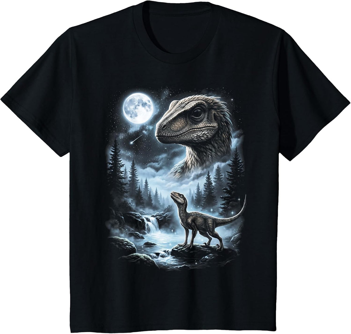 Velociraptor Howling at Moon 90's Retro Dinosaur T-Shirt - Black