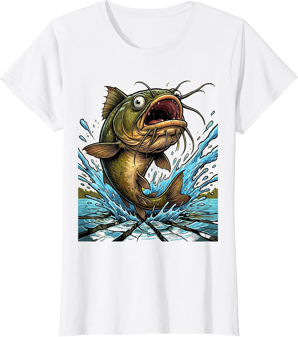 Gigantic Catfish Bursting Through Lake Surface T-Shirt - White
